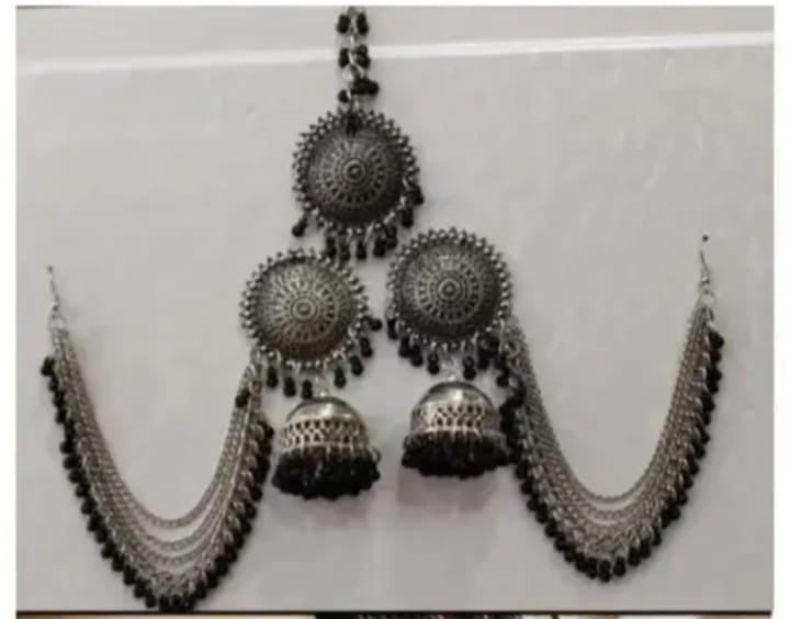 Black colour afghani jhumki maang tika earing set