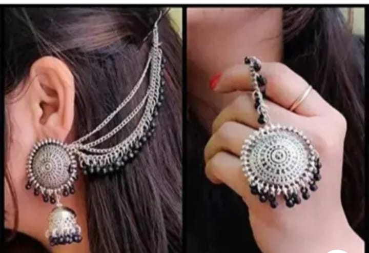 Black colour afghani jhumki maang tika earing set