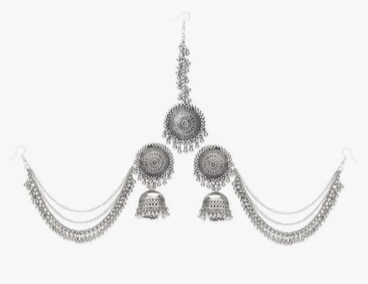 Afghani jhumki earing maang tika silver platted set