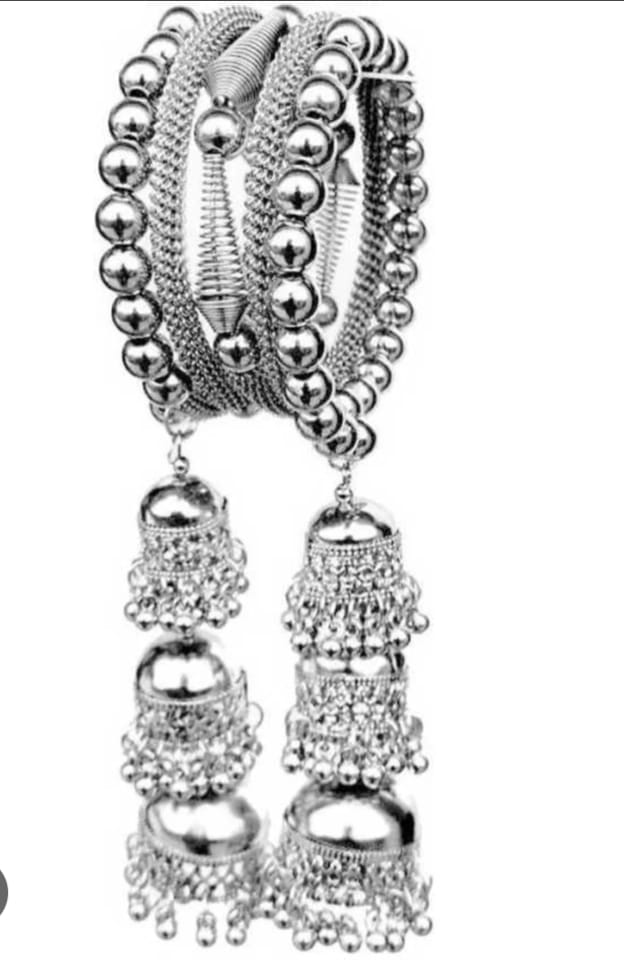 Elegant Silver Plated 3 Jhumki Bangle – Traditional Charm