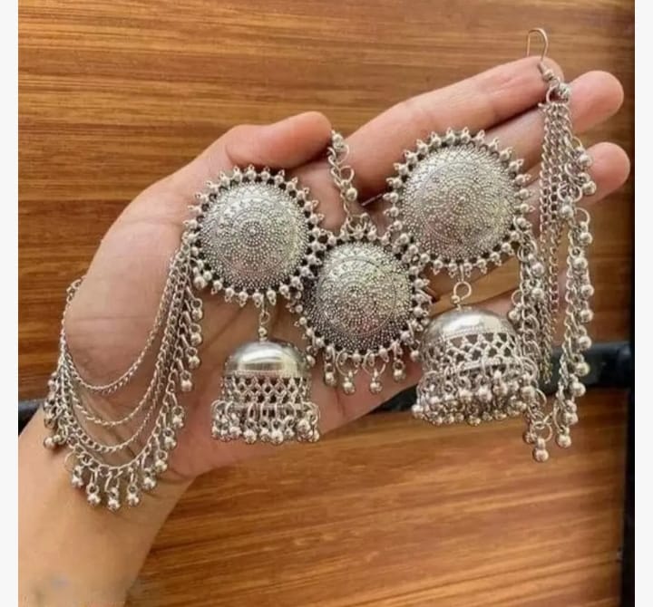 Afghani jhumki earing maang tika silver platted set
