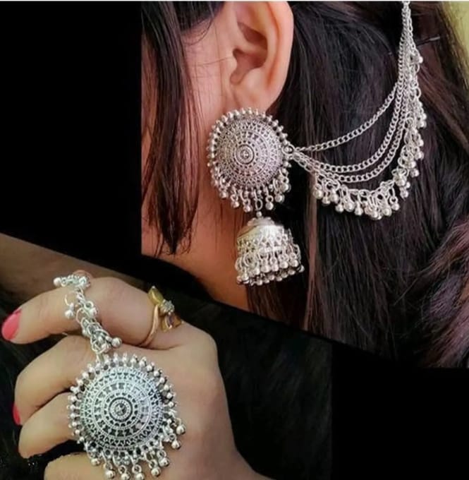 Afghani jhumki earing maang tika silver platted set