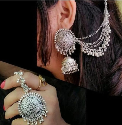 Afghani jhumki earing maang tika silver platted set
